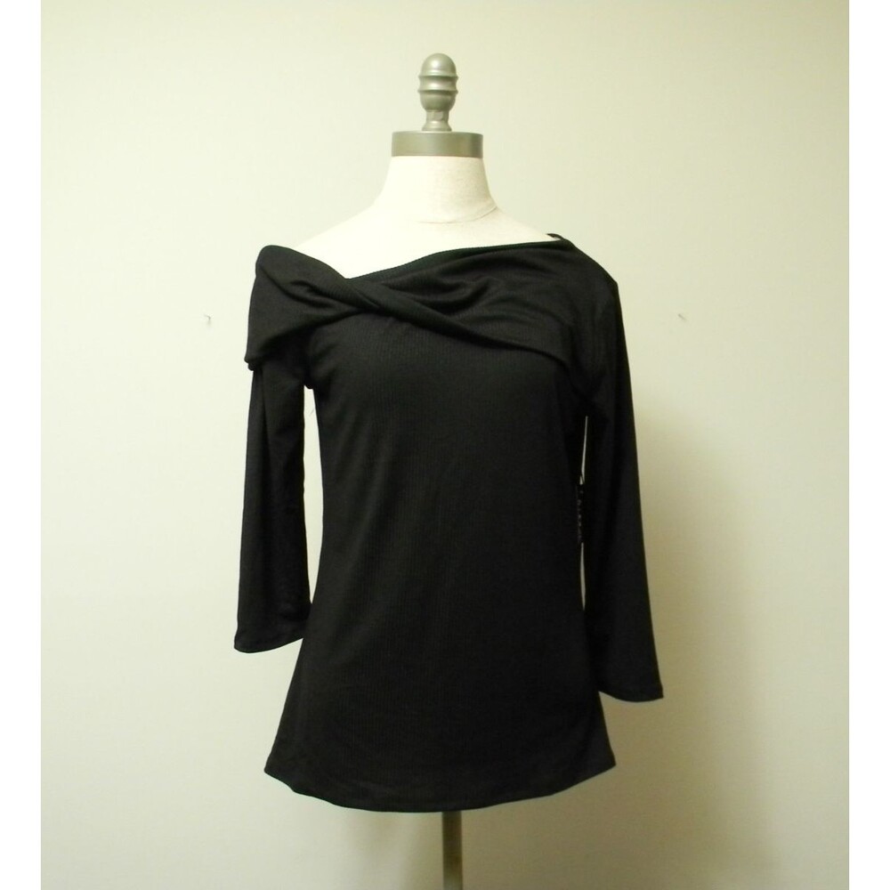 3rd + Malt Black Ribbed Rolled Neck 3/4 Sleeve Top Size L NWOT